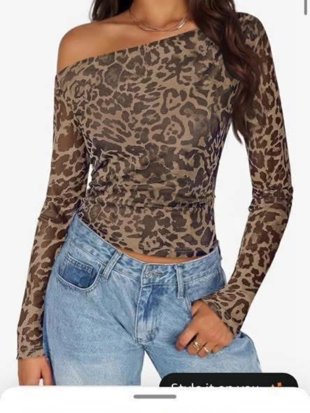 Leopard Print One-Shoulder Long Sleeve Top - Brown